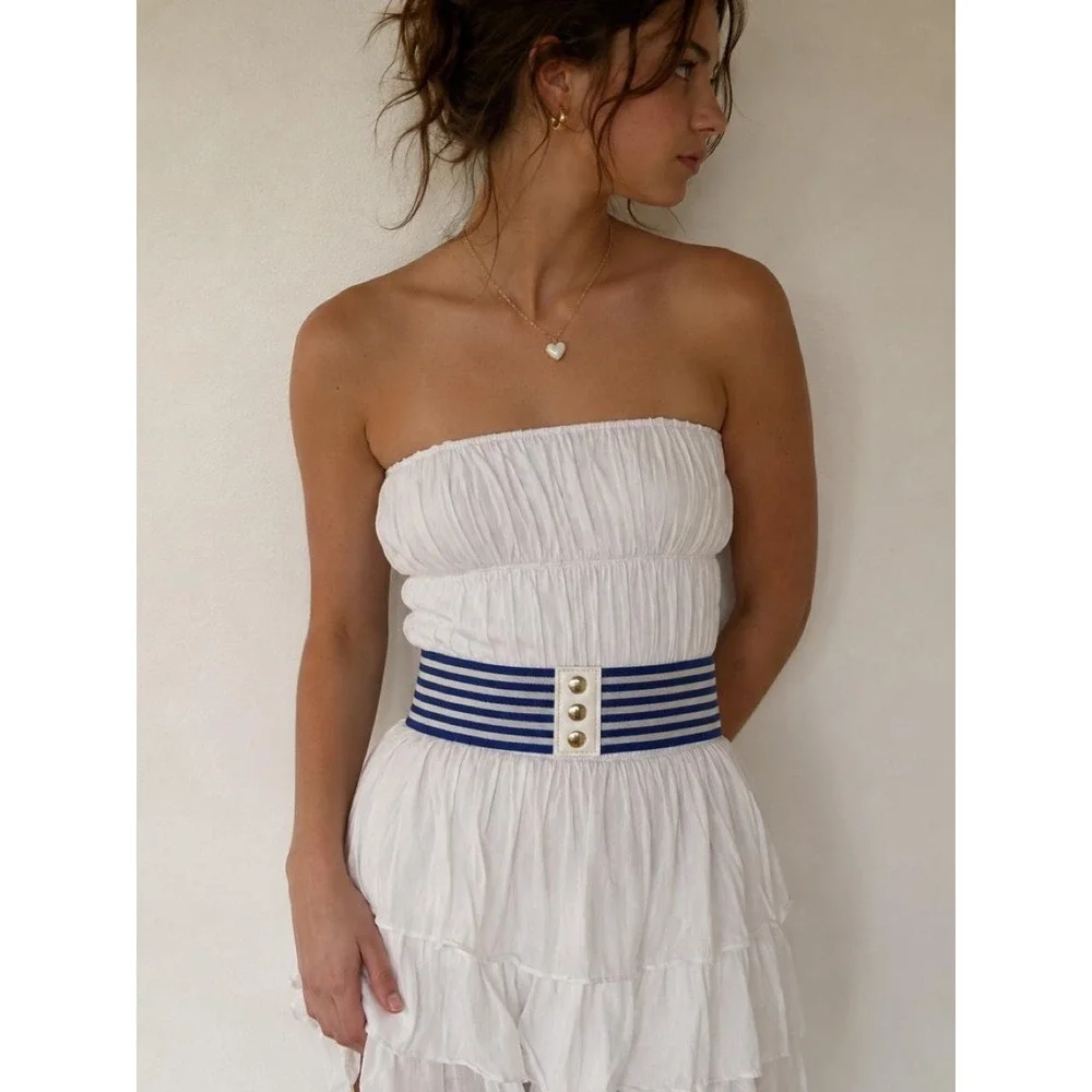 Waist Belt Blue White Nautical Stripe Stretch Cinch Euro Summer Cozy Coastal NWT